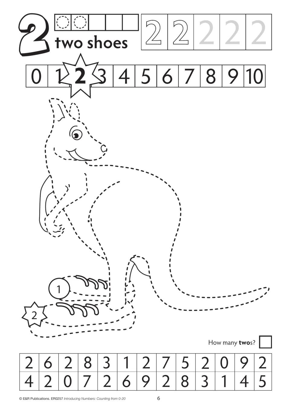 First two activity: trace numeral 2 and a kangaroo wearing two shoes, then find and count twos