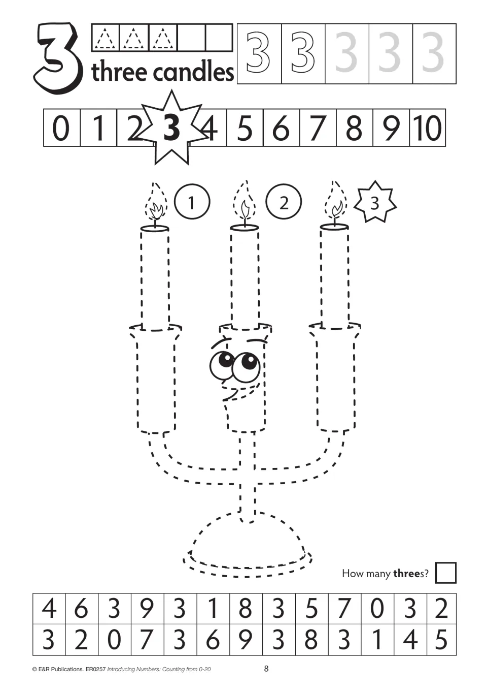 First three activity: trace numeral 3 and three candles, locate 3 in sequence, and find and count threes