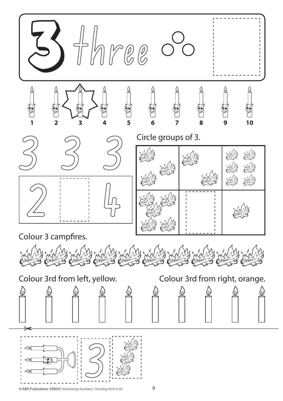 Second three activity: circle groups of 3, color three campfires, and identify third from left and right