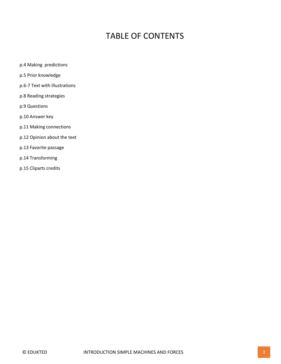Reading packet contents list predictions, prior knowledge, illustrated text, questions, and response activities