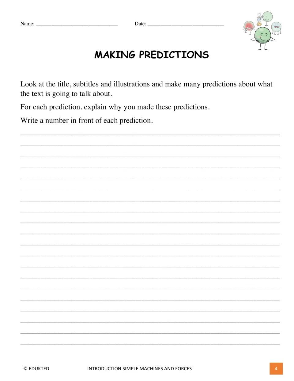 Before-reading activity asks students to predict from the title, subtitles, and illustrations and explain why