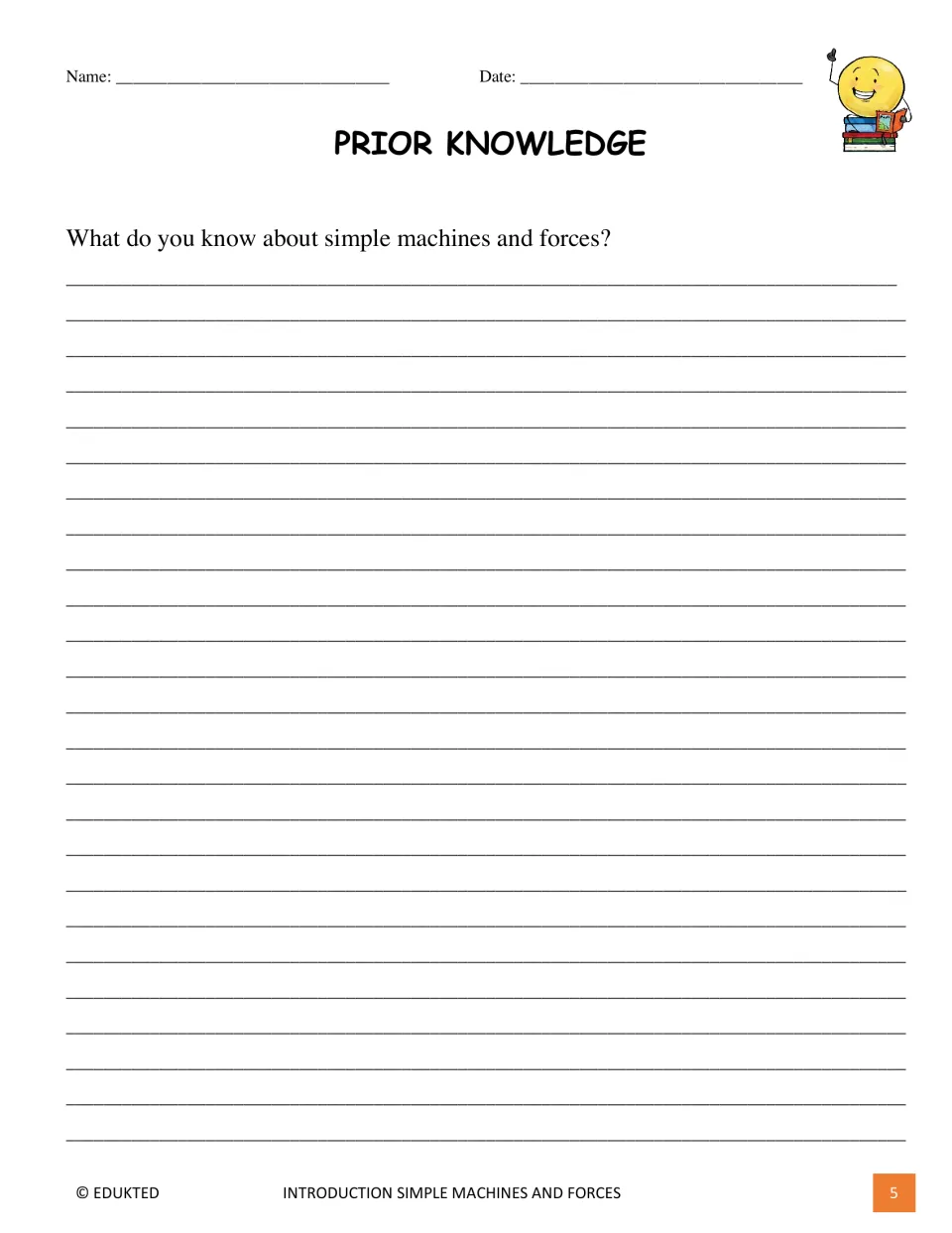 Prior-knowledge activity asks students to write what they already know about simple machines and forces