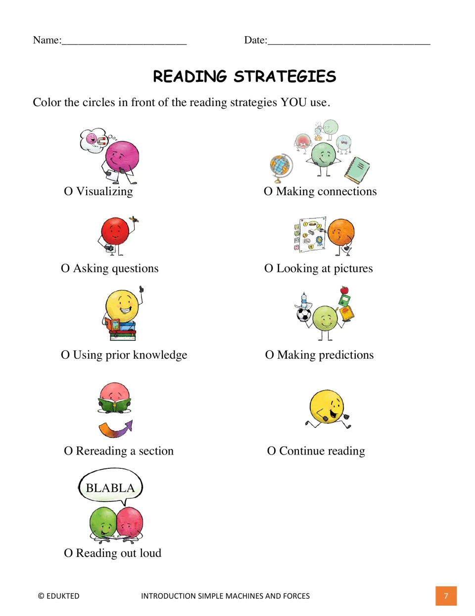 Reading-strategy checklist asks students to mark which of nine strategies they use, including rereading
