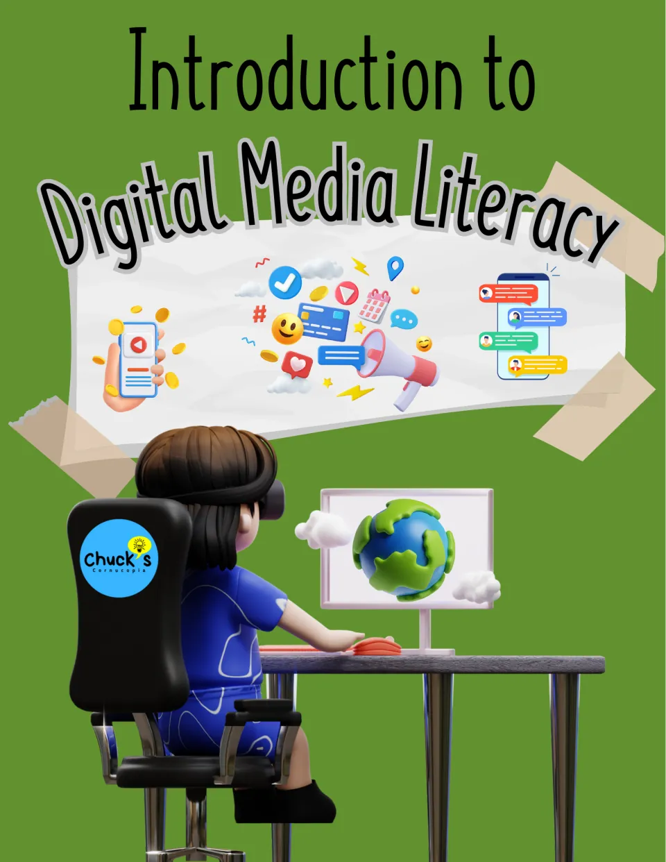 Cover of Introduction to Digital Media Literacy: a child at a computer showing a globe, under phone and social media icons