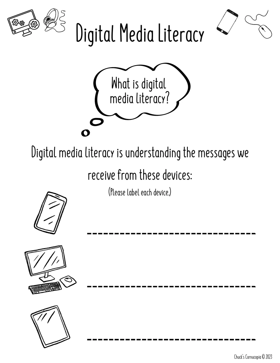 What is digital media literacy? Students read a definition, then label drawings of a phone, desktop computer and tablet