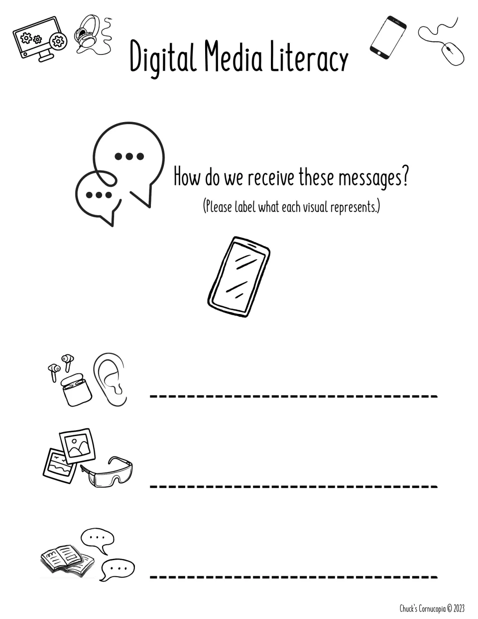 How do we receive messages? Students label icons of earbuds and an ear, photos and glasses, and a book with speech bubbles