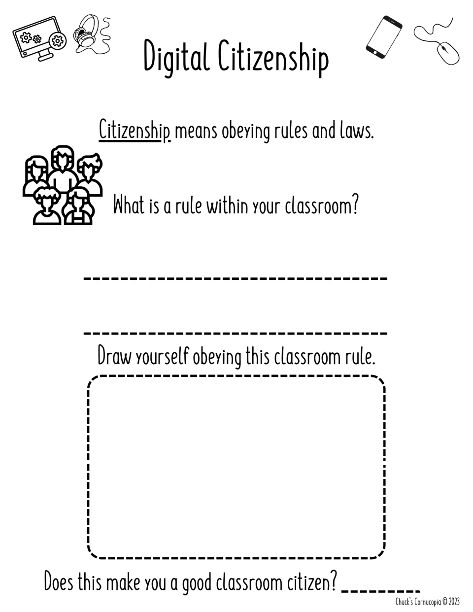 Citizenship as obeying rules: students write a class rule, draw themselves following it, then judge their citizenship