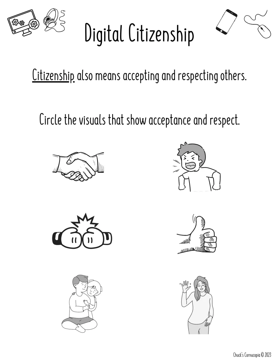 Acceptance and respect: students circle images like a handshake, hug and wave, versus boxing gloves or a yelling child