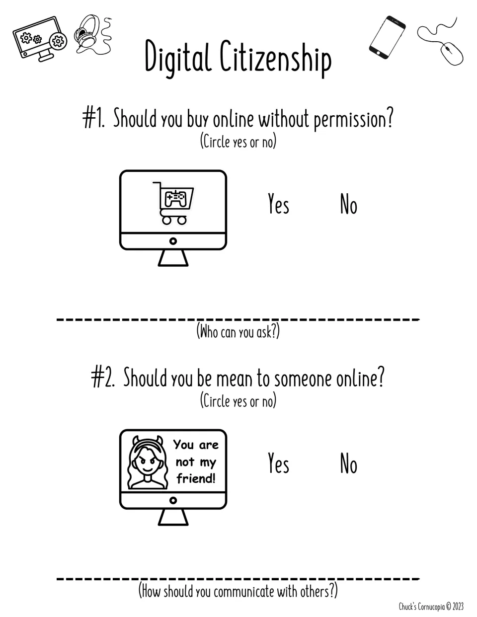 Online choices #1 and #2: students circle yes or no on buying without permission and being mean online, then write answers