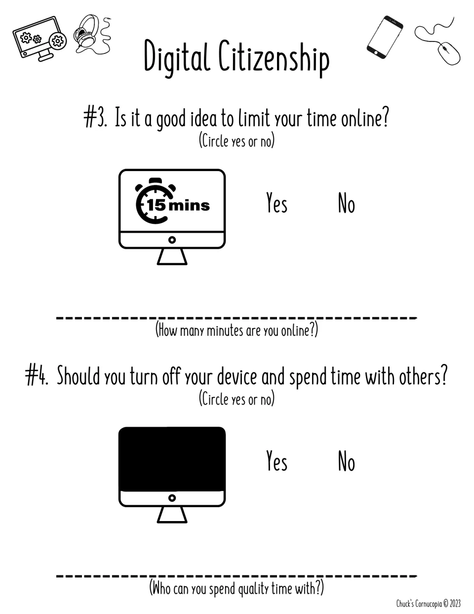 Screen time #3 and #4: students circle yes or no on limiting time online and switching off devices to be with others