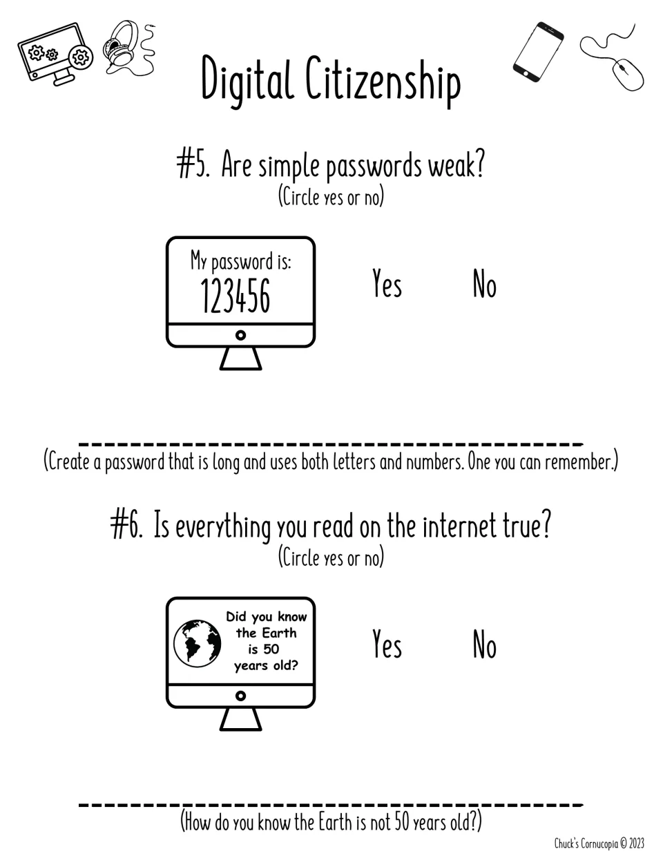 Passwords and fact-checking: students circle yes or no on a 123456 password and a post saying Earth is 50 years old