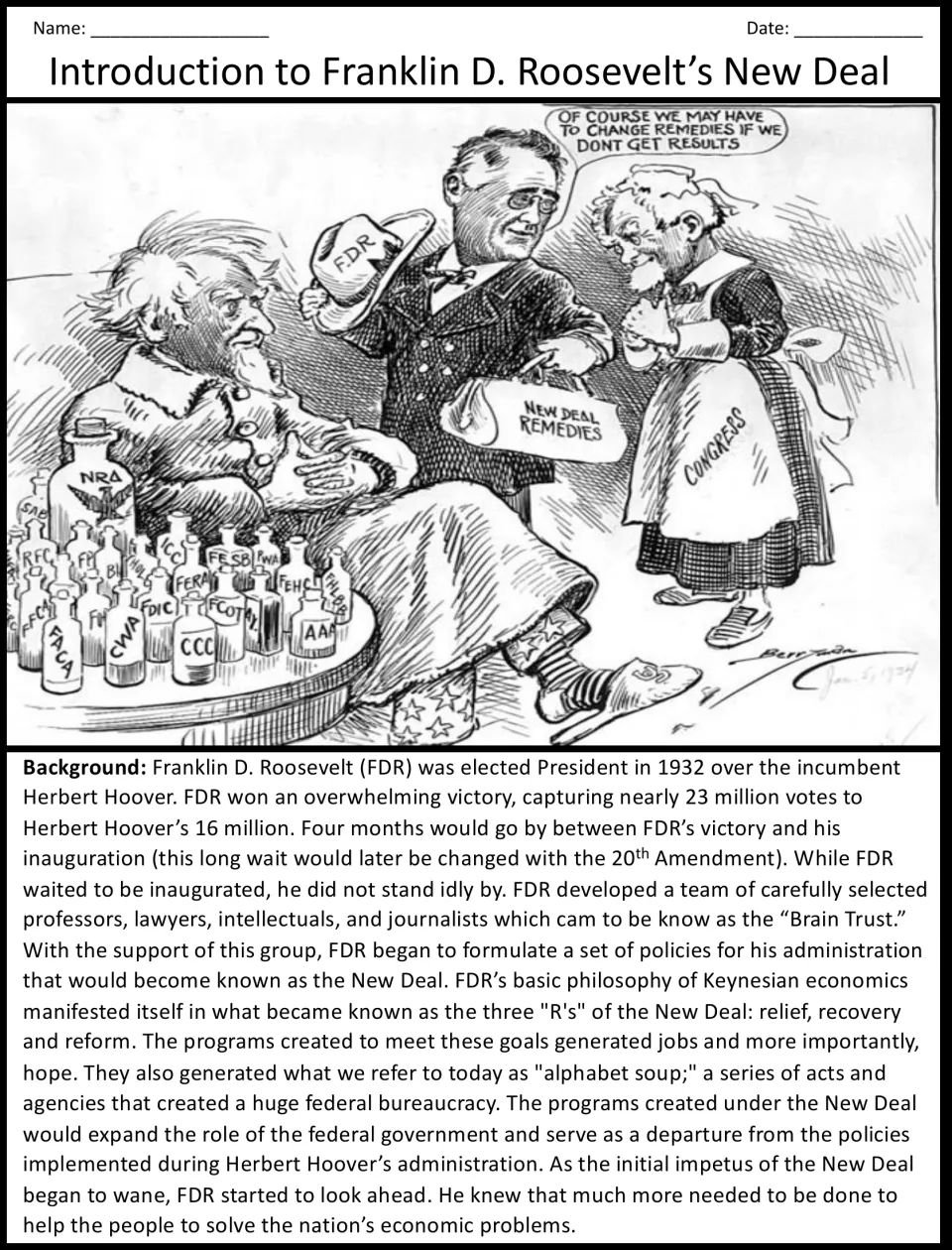 Introductory New Deal reading on FDR's election, Brain Trust, and three R's, with a political cartoon