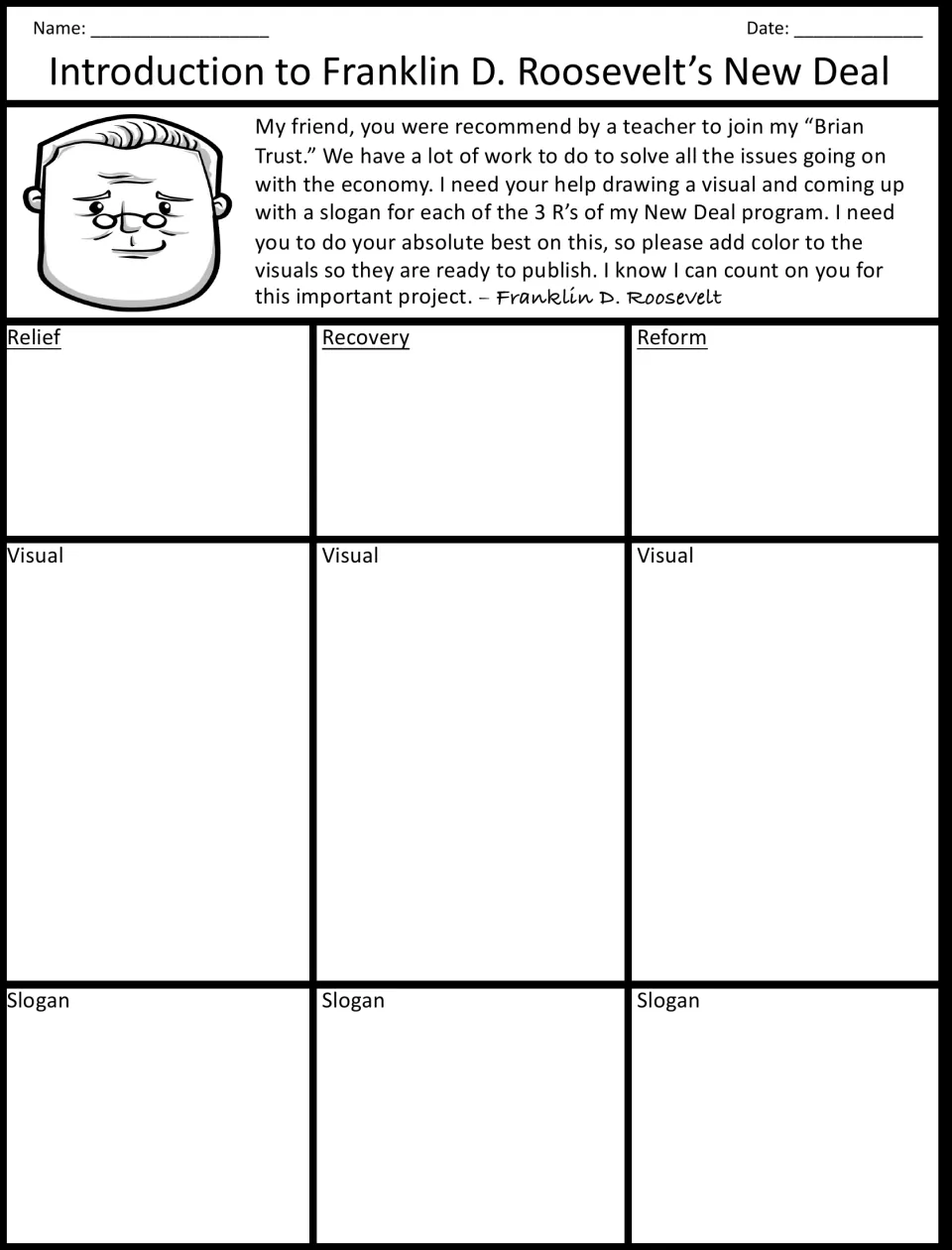 New Deal processing activity asks students to create colored visuals and slogans for the three R's