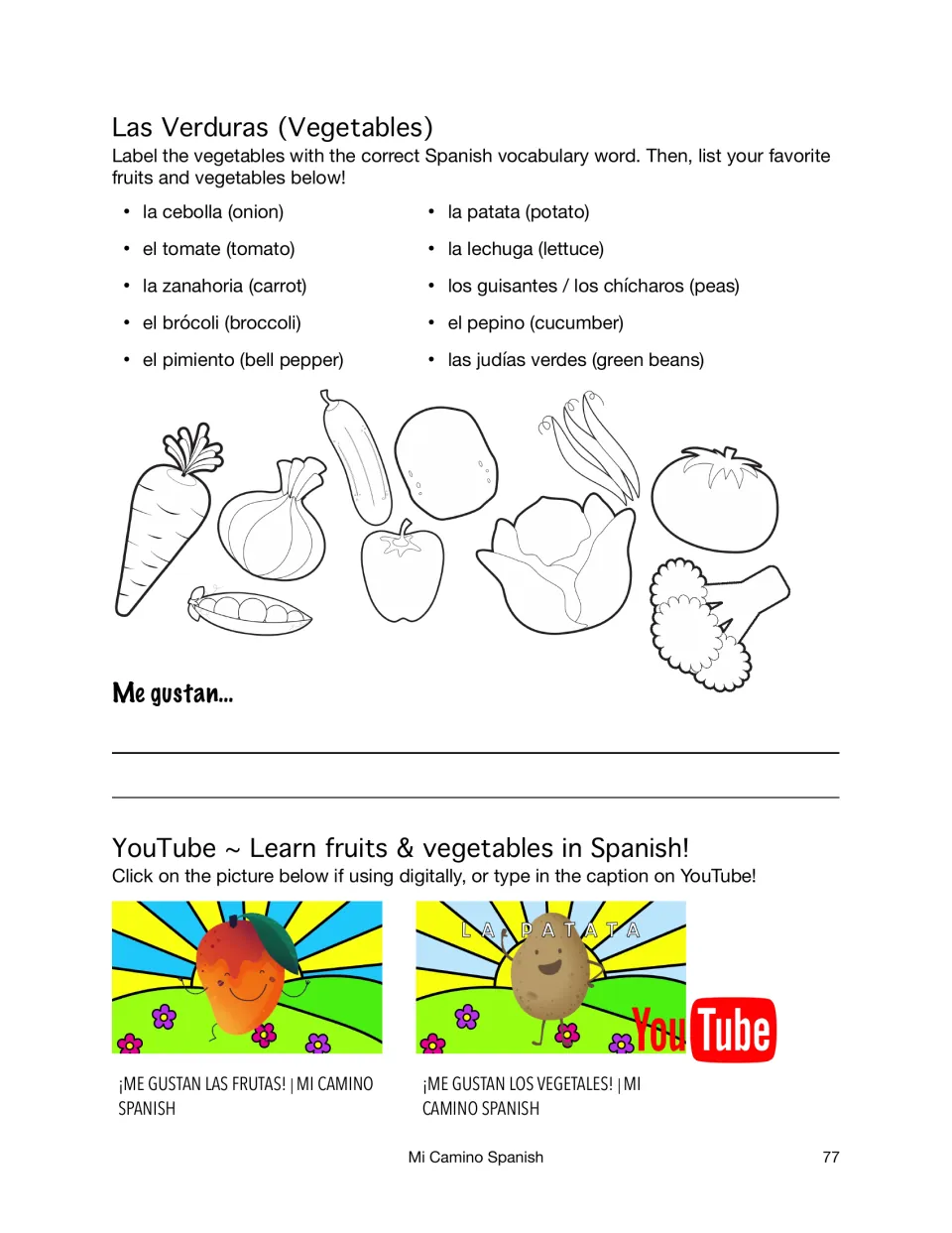Las Verduras: students label 10 vegetables in Spanish, list favorites after Me gustan, and see two YouTube video links