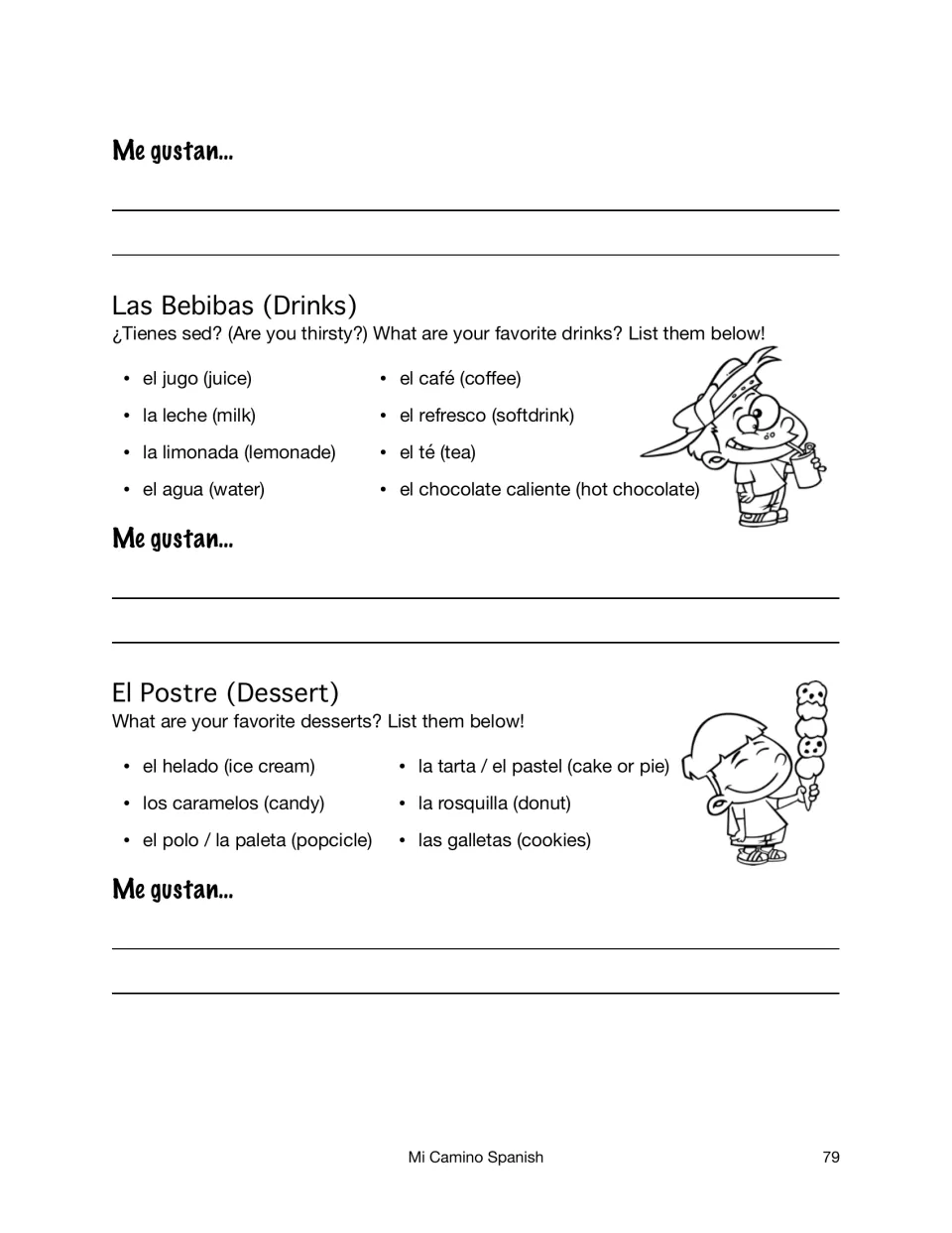 Spanish drinks and desserts vocabulary such as el jugo and el helado; students answer ¿Tienes sed? and list favorites