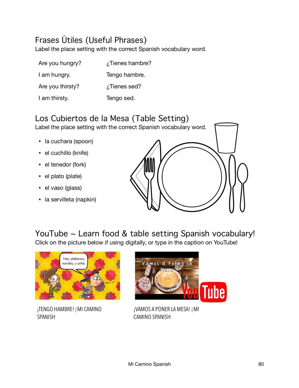 Hunger and thirst phrases like Tengo hambre, then students label a place setting with la cuchara, el tenedor and el vaso
