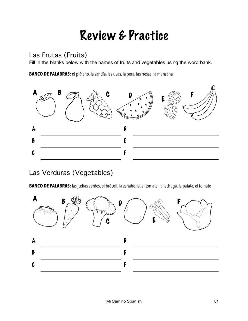 Review of Spanish fruit and vegetable names: students use a word bank to name lettered pictures A to F in each set