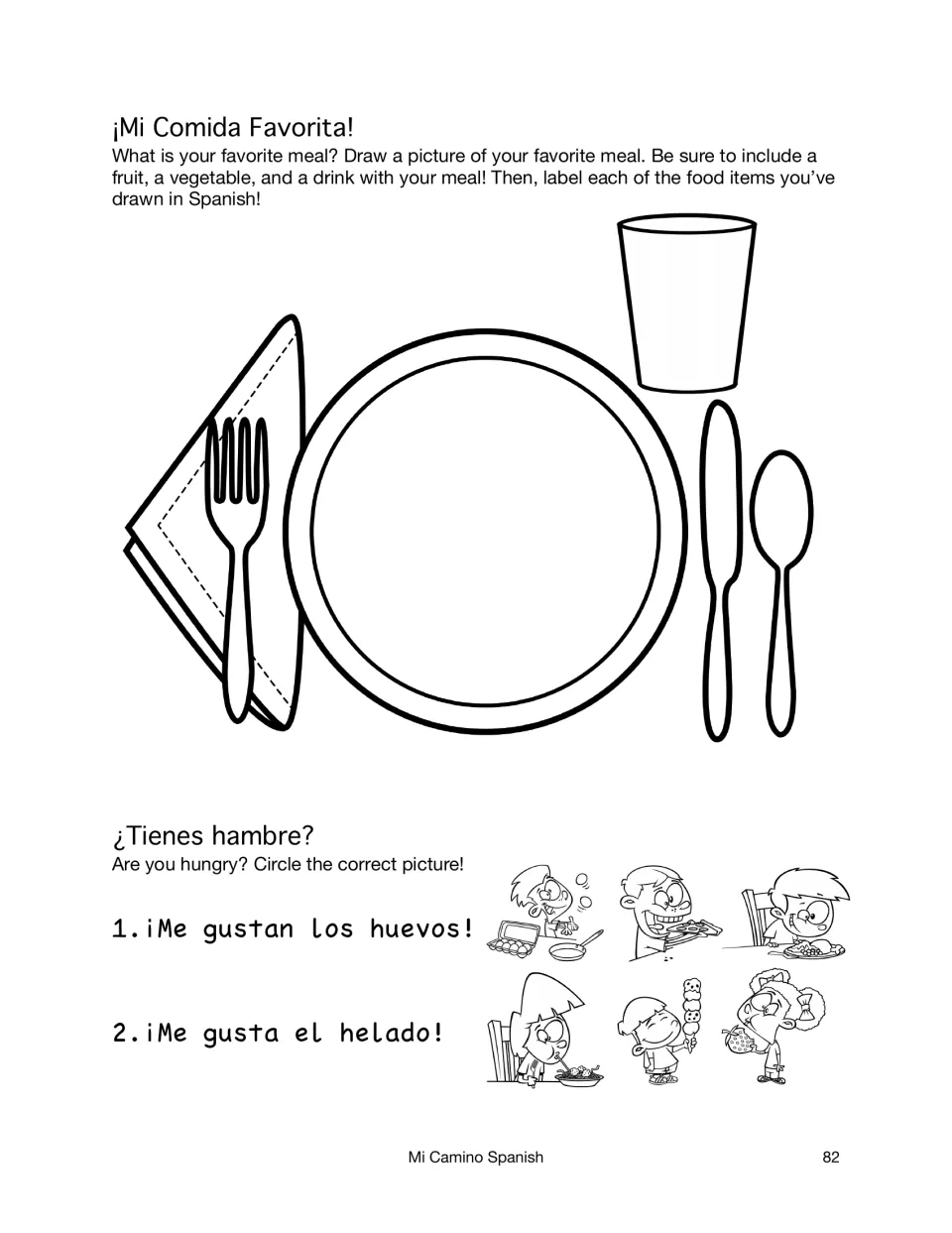 ¡Mi Comida Favorita!: students draw and label favorite meal on a plate, then circle pictures for Me gustan sentences