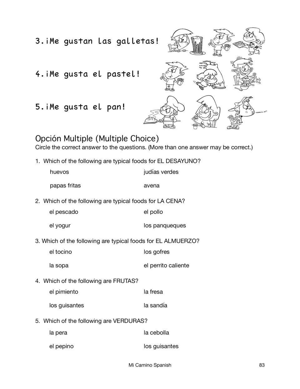 Food sentences 3 to 5 with pictures to circle, then multiple choice sorting foods by meal and by fruit or vegetable
