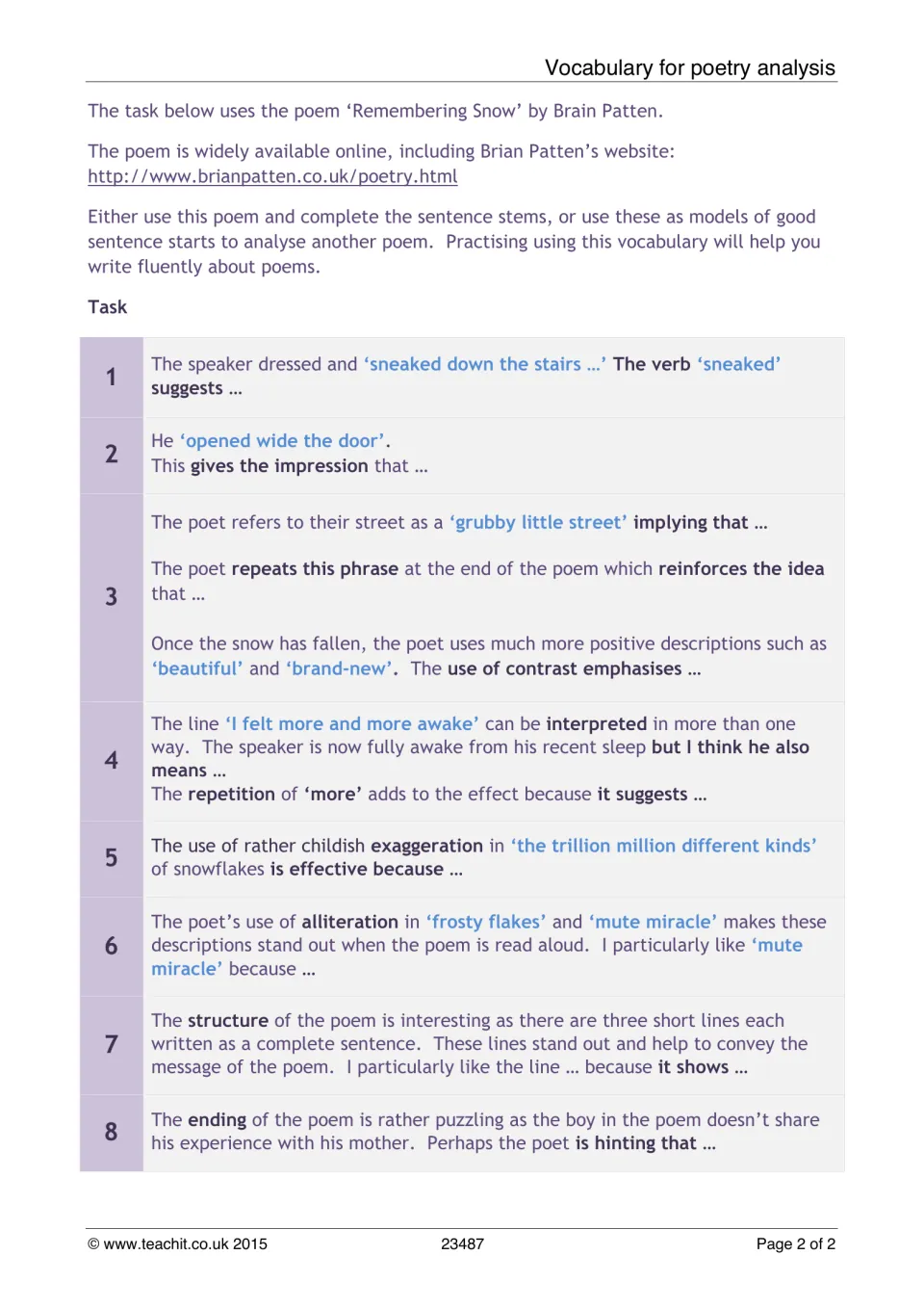 'Remembering Snow' by Brian Patten: students finish 8 sentence stems analysing verbs, contrast, alliteration and structure