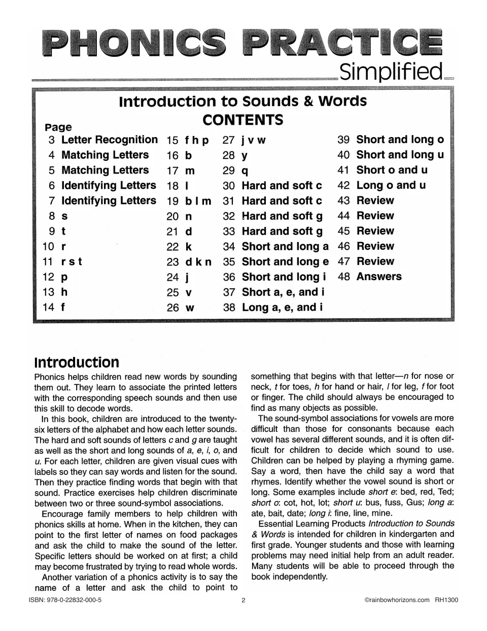 Contents and introduction outline letter recognition, consonant sounds, short and long vowels, and reviews
