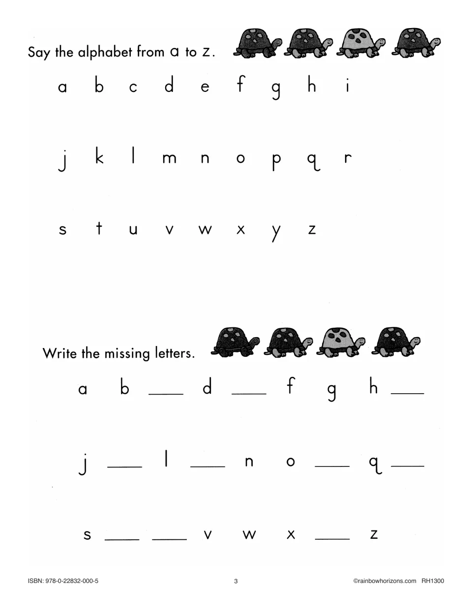 Letter recognition practice asks students to say the alphabet from a to z and write missing lowercase letters