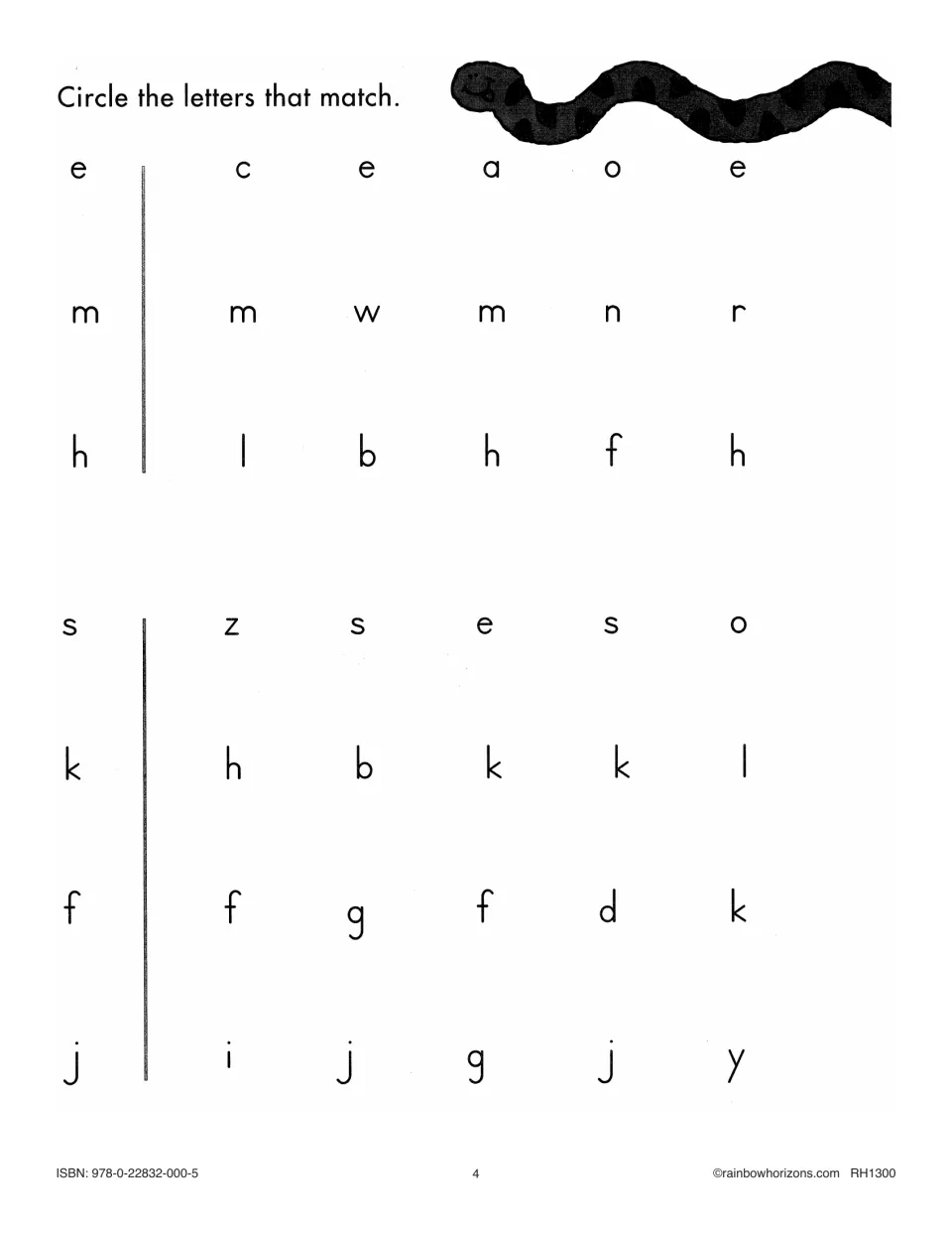 First letter-matching exercise asks students to circle lowercase letters matching e, m, h, s, k, f, and j