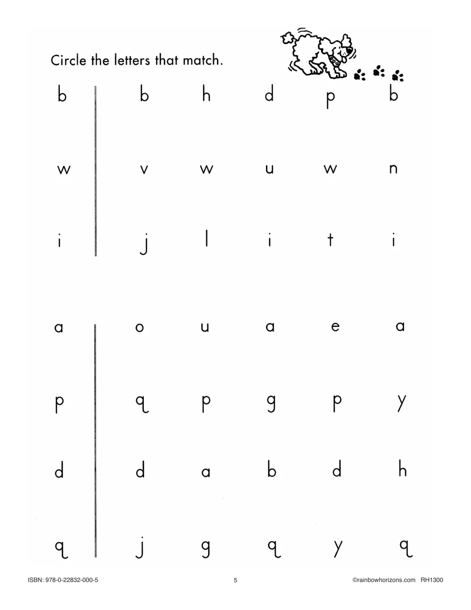 Second letter-matching exercise asks students to circle lowercase letters matching b, w, i, a, p, d, and q