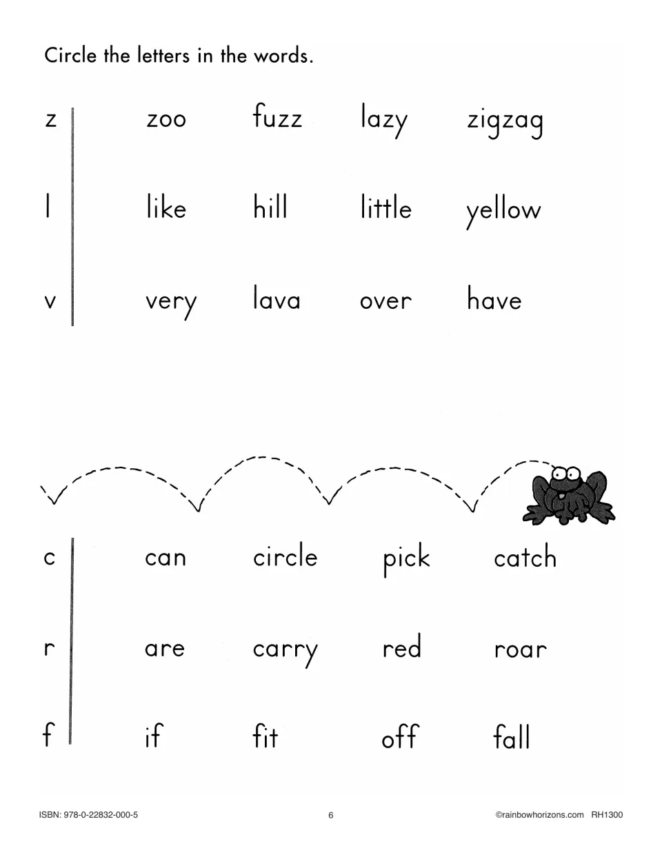Letter identification practice asks students to circle z, l, v, c, r, and f in words such as zoo and hill