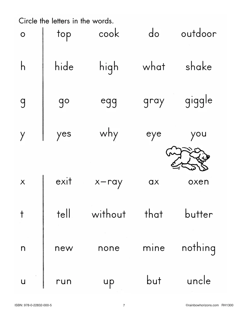 Letter identification practice asks students to circle o, h, g, y, x, t, n, and u in words such as top and hide