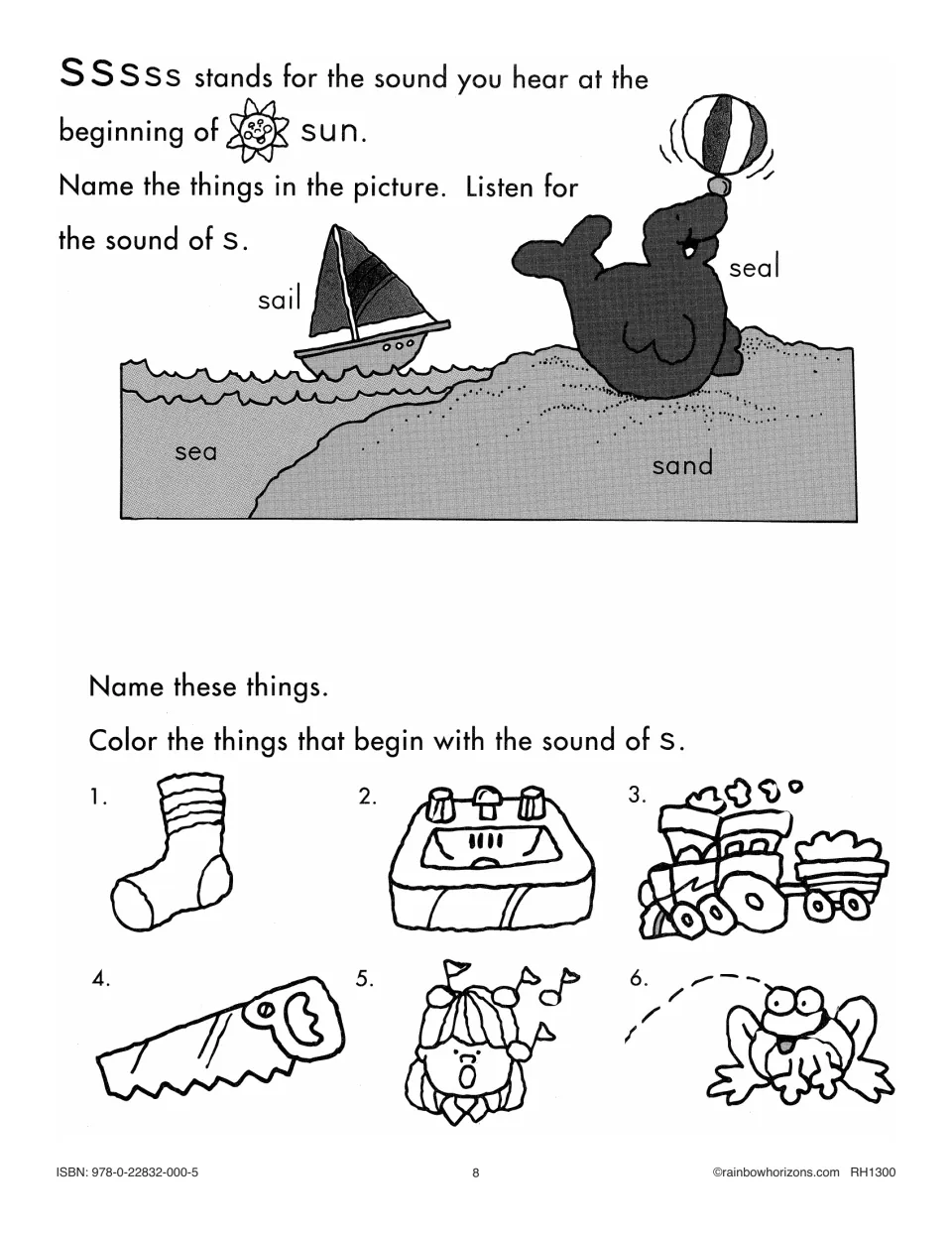 Beginning s sound practice uses sun, sail, seal, sea, and sand, then asks students to color matching pictures
