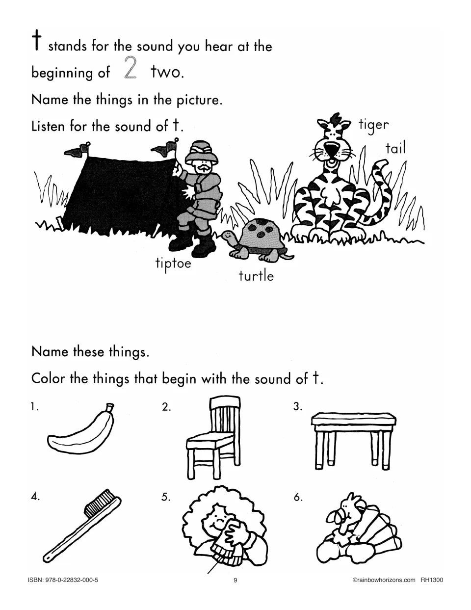 Beginning t sound practice uses two, tiger, tail, tiptoe, and turtle, followed by a picture-coloring task