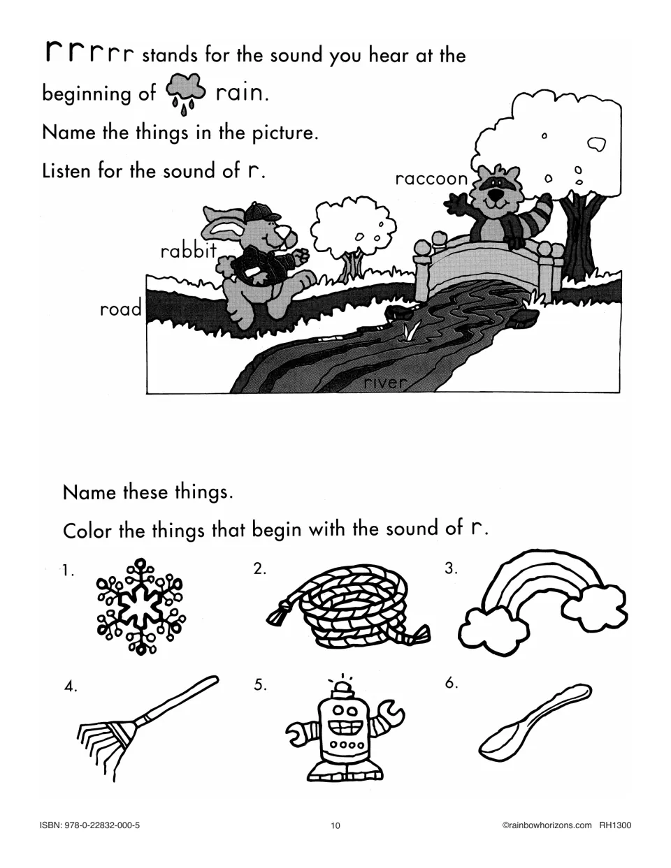 Beginning r sound practice uses rain, rabbit, raccoon, road, and river, followed by a picture-coloring task