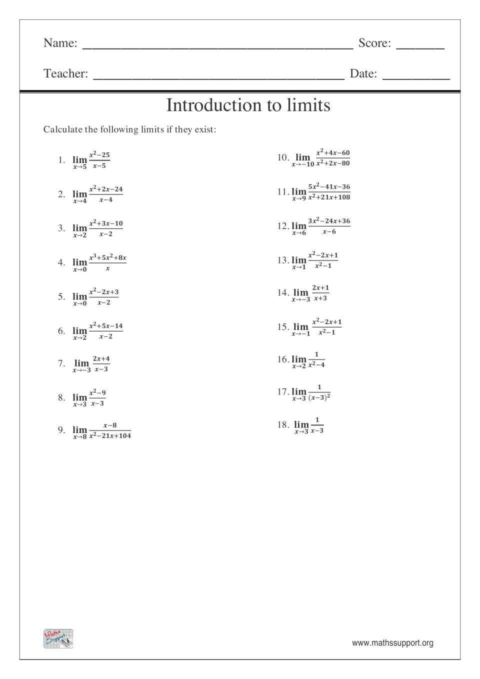 Introduction to limits: students calculate 18 limits of rational functions as x approaches a value, or say if none exists