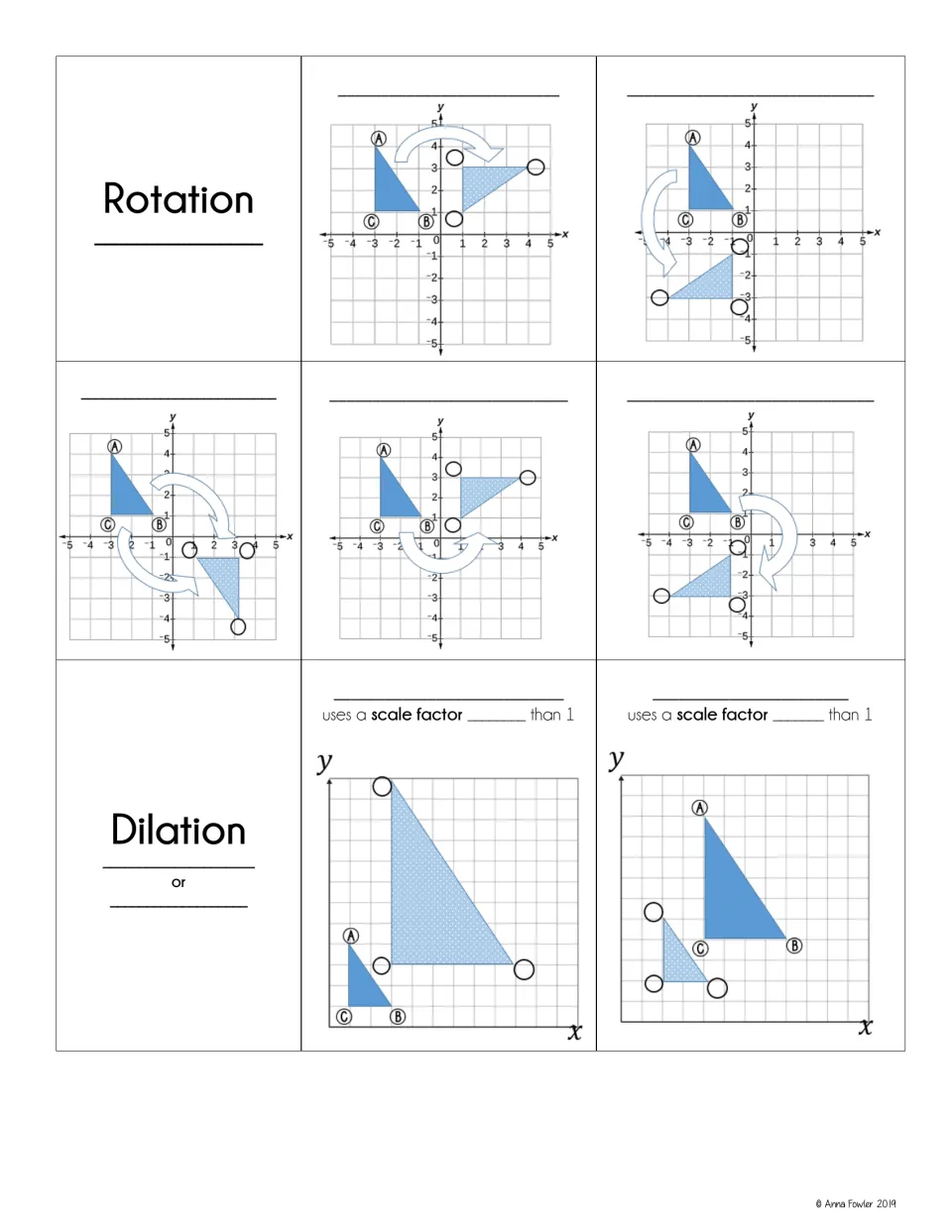 Second transformation notes page shows clockwise and counterclockwise rotations and dilation scale factors.