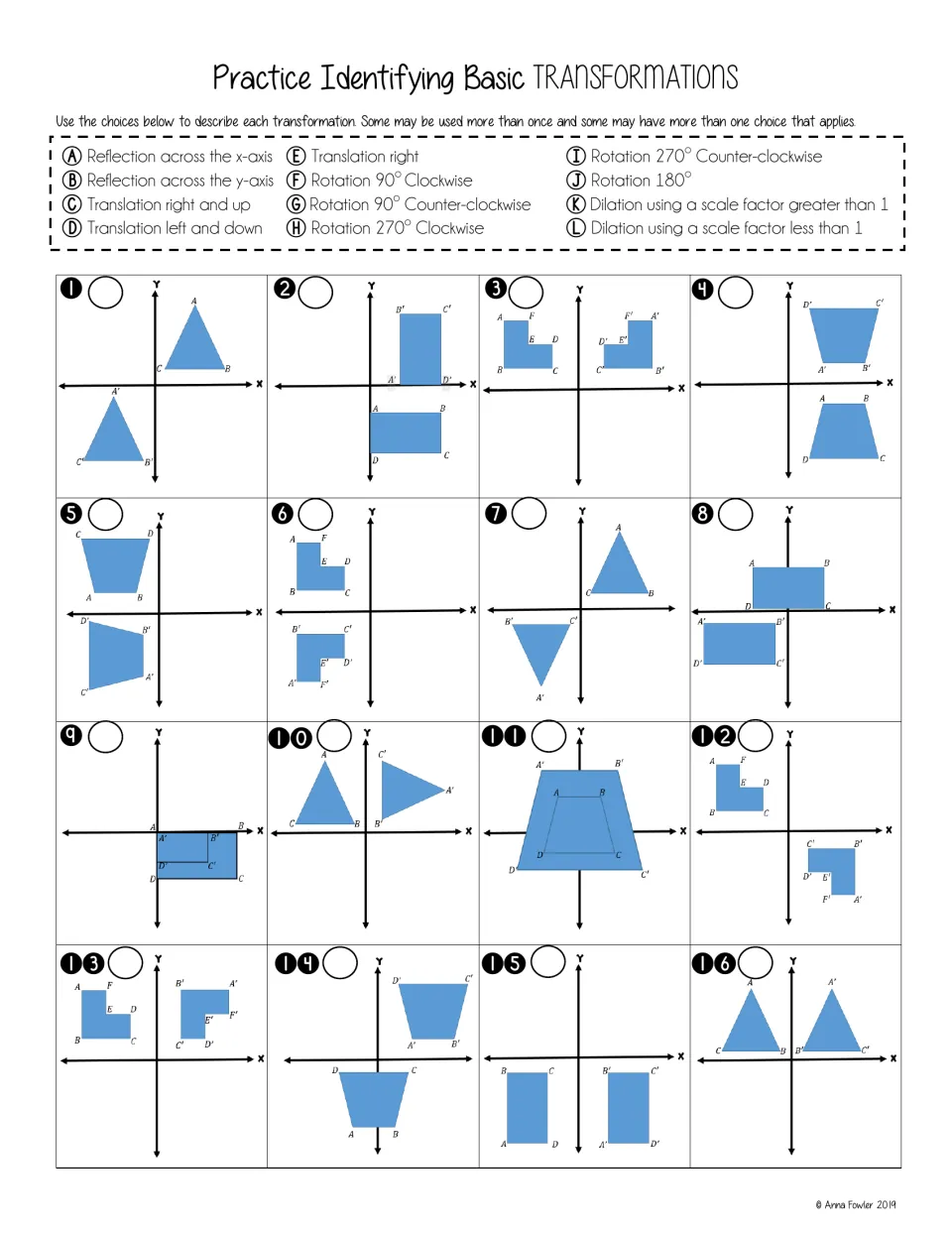 Transformation practice asks students to identify reflections, translations, rotations, and dilations in 16 items.