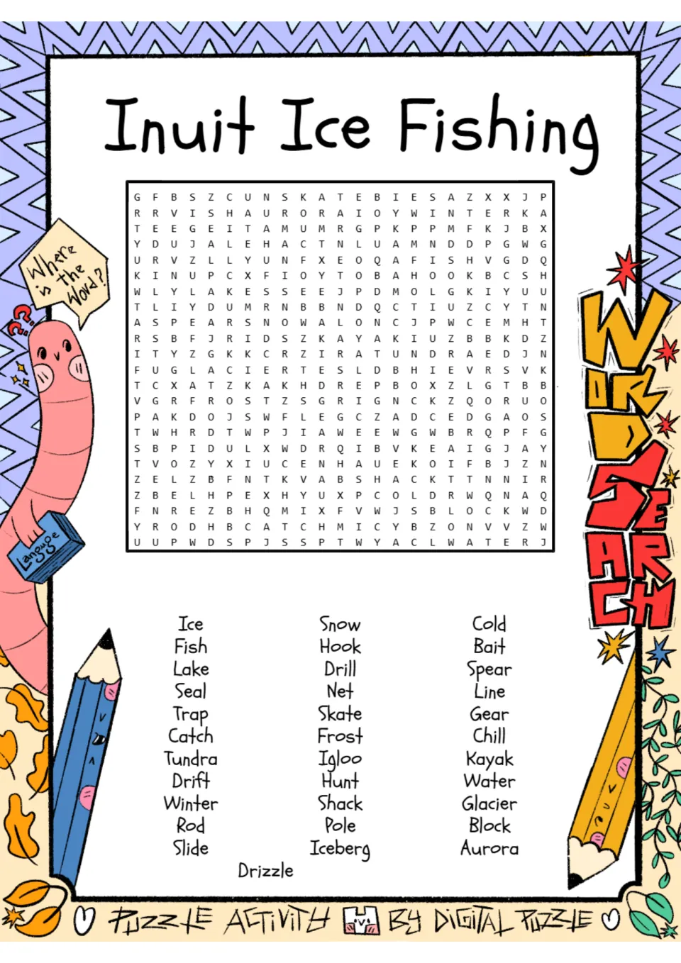 Word search puzzle on Inuit ice fishing with 34 words to find, including tundra, kayak, glacier, and aurora.