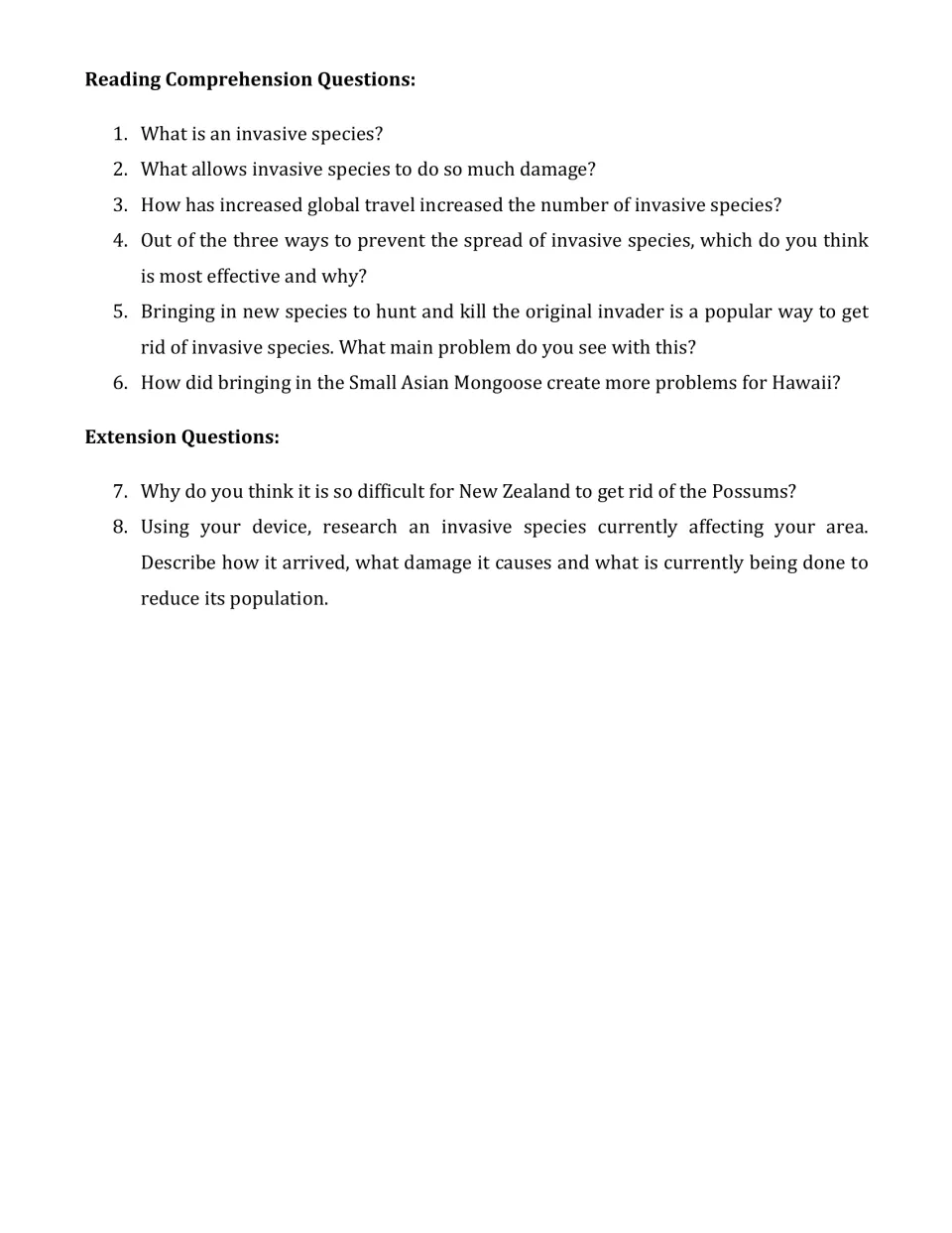 Invasive species comprehension: students answer six questions plus two extension items, one researching a local invader