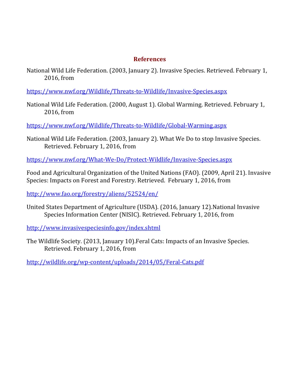 References list citing National Wildlife Federation, FAO, USDA and The Wildlife Society sources on invasive species