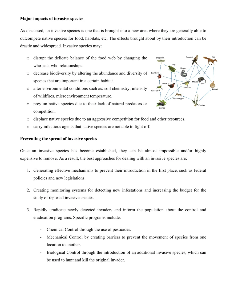 Impacts of invasive species on food webs and biodiversity, plus prevention by chemical, mechanical and biological control