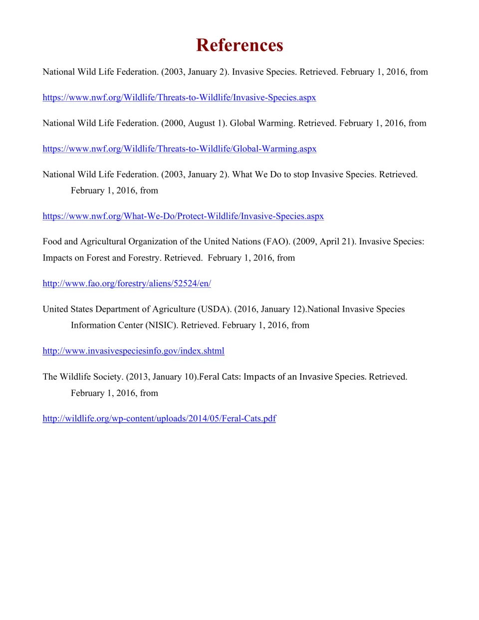 References list citing National Wildlife Federation, FAO, USDA and The Wildlife Society sources on invasive species