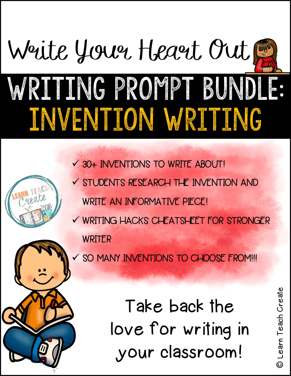 Invention Writing prompt bundle cover: 30+ inventions to research and write about, plus a writing hacks cheatsheet