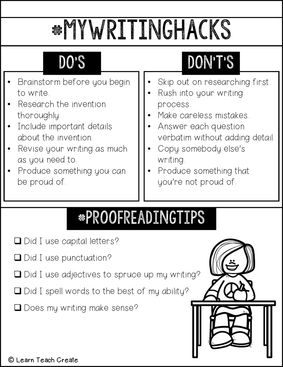 #MyWritingHacks do's and don'ts for researching an invention, with a five-question proofreading checklist; girl at desk art
