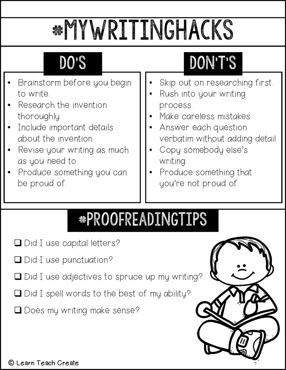 Writing hacks cheatsheet, boy-reading version: research and revision do's and don'ts plus proofreading questions to check