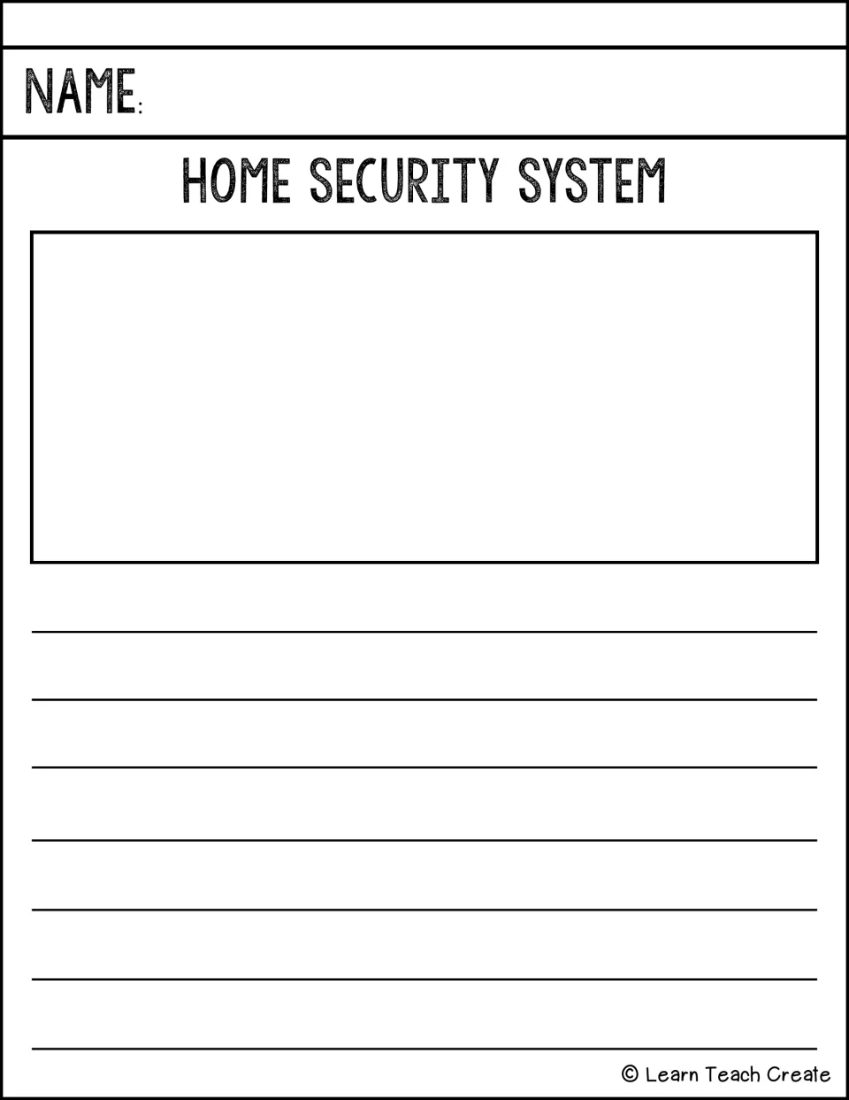 Home security system prompt: students research who invented home security systems, draw one and write about how it works
