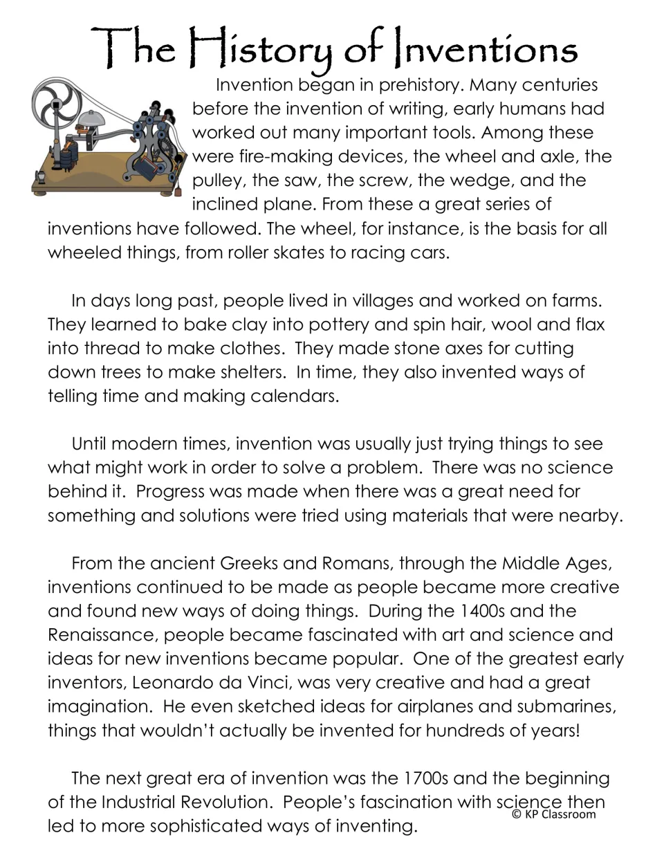 History of inventions passage covering early tools like the wheel and pulley, Leonardo da Vinci and industrial era