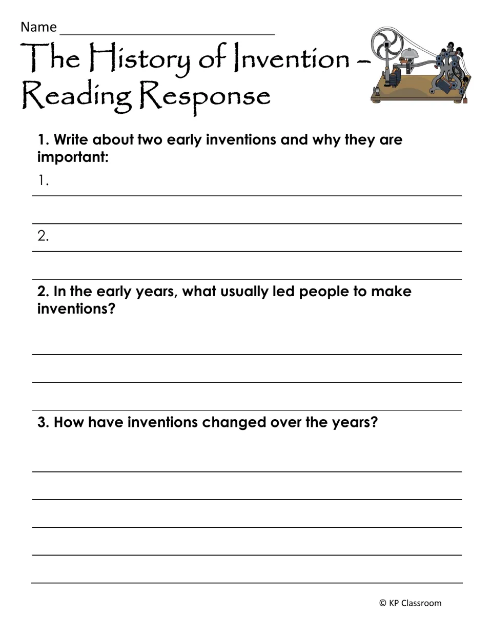 History of Invention questions: students write about two early inventions and explain how inventions have changed
