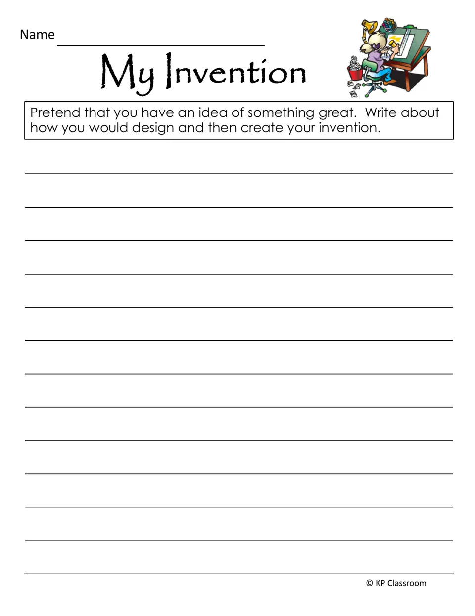 My Invention writing prompt: students imagine a great idea and write how they would design and create their invention