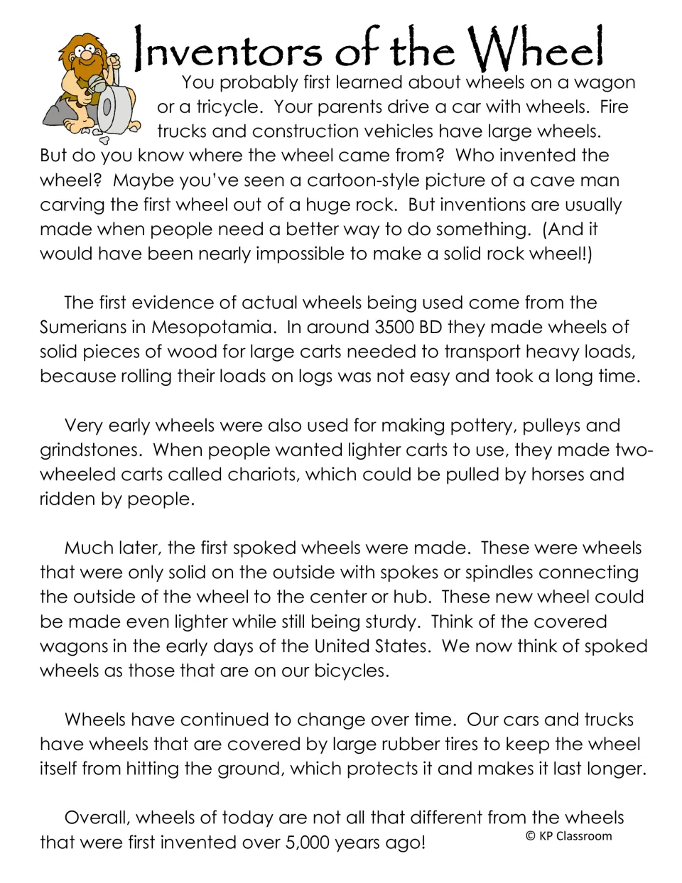 Inventors of the Wheel passage tracing wheels from Sumerian solid wood carts to chariots, spoked wheels and tires