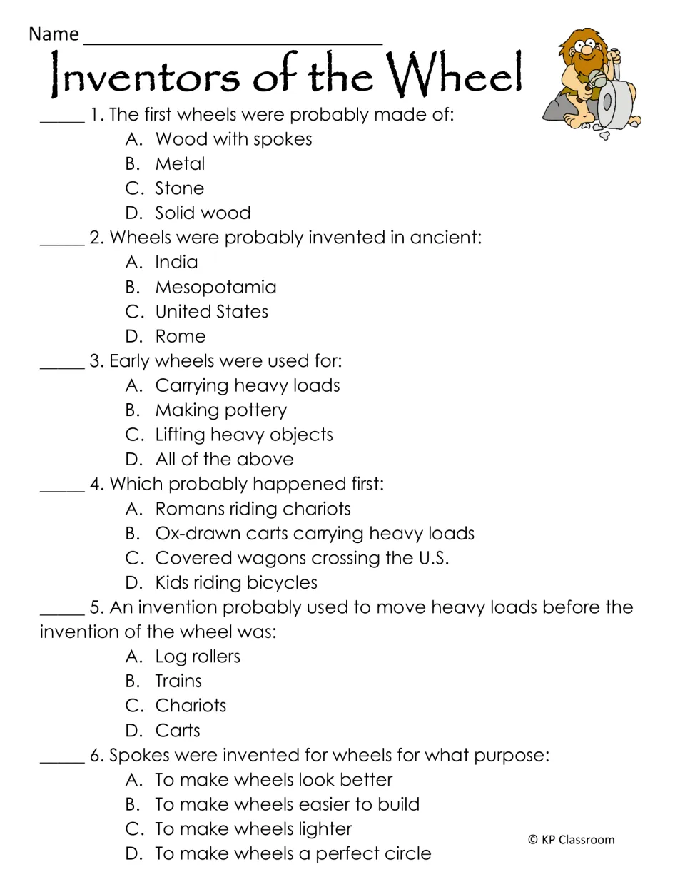Inventors of the Wheel quiz: six multiple-choice questions on early wheel materials, Mesopotamia, uses and spokes
